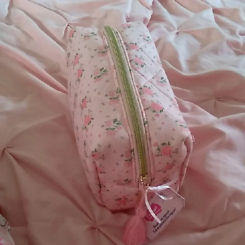 Pink Floral Quilted Cosmetic Bag with Gold Zipper